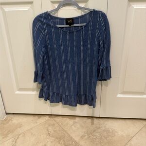 Anthropologie W5 Navy Striped Blouse with Ruffle Details